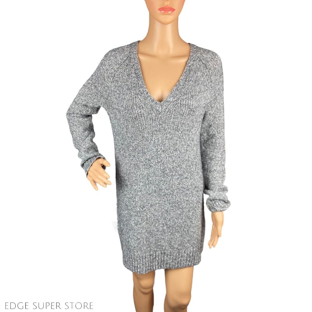 Equipment Femme Light Gray VNeck Cotton Wool Long Sleeve Mini Dress Size XSmall